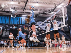 Payton Palmer spikes it during the Elkhorn North Volleyball game vs Gretna on September 2nd, 2025 in Omaha, Nebraska. Photo by Drew Balus