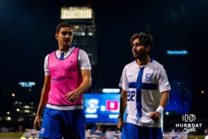 Edward Morales walks off the field with his teammate. Creighton men's hosted Denver at Morrison Stadium in Omaha, Nebraska for Socctoberfest on September 5th, 2025. Photo by Kyle Byers.