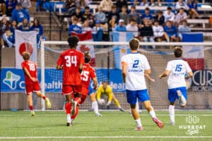 Ben Foulks and Matthew Reed watch as Goal Keeper Ethan Wood makes a save. Creighton men's hosted Denver at Morrison Stadium in Omaha, Nebraska for Socctoberfest on September 5th, 2025. Photo by Kyle Byers.