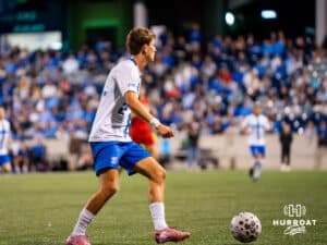 Matthew Reed searches for someone to pass the ball to. Creighton men's hosted Denver at Morrison Stadium in Omaha, Nebraska for Socctoberfest on September 5th, 2025. Photo by Kyle Byers.