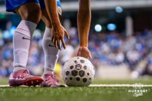 Creighton player picks up a ball prior to a throw in. Creighton men's hosted Denver at Morrison Stadium in Omaha, Nebraska for Socctoberfest on September 5th, 2025. Photo by Kyle Byers. Photo by Kyle Byers.