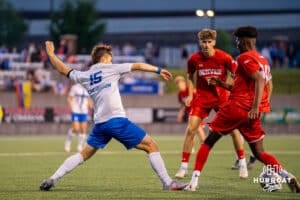 Ben Foulks competes for the ball. Creighton men's hosted Denver at Morrison Stadium in Omaha, Nebraska for Socctoberfest on September 5th, 2025. Photo by Kyle Byers.