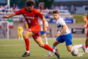 Ben Foulks competes for the ball. Creighton men's hosted Denver at Morrison Stadium in Omaha, Nebraska for Socctoberfest on September 5th, 2025. Photo by Kyle Byers.