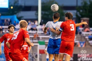 Ali Ramadan competes for a header. Creighton men's hosted Denver at Morrison Stadium in Omaha, Nebraska for Socctoberfest on September 5th, 2025. Photo by Kyle Byers.