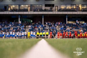 Both teams line up for introductions before the game. Creighton men's hosted Denver at Morrison Stadium in Omaha, Nebraska for Socctoberfest on September 5th, 2025. Photo by Kyle Byers.