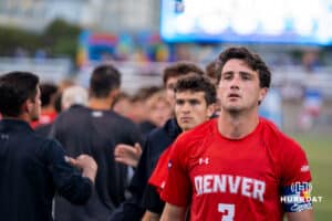 Denver player waits for his teammates to enter the field. Creighton men's hosted Denver at Morrison Stadium in Omaha, Nebraska for Socctoberfest on September 5, 2025. Photo by Kyle Byers.