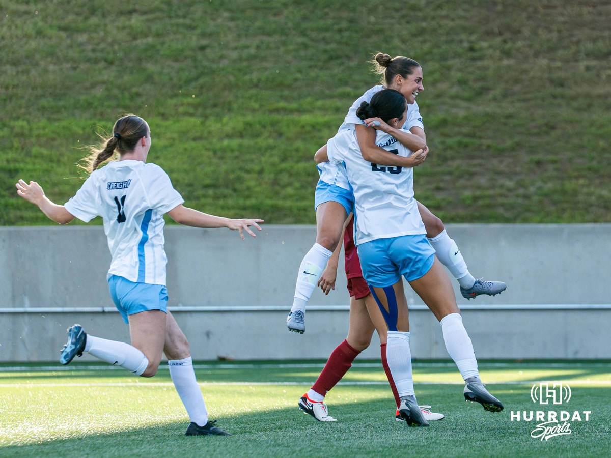 16_KJB20250905_WSOC_CU_v_AR-35_WM Jalen Chaney celebrates a goal with teammates. Creighton women's soccer hosted Arkansas at Morrison Stadium for Socctoberfest on September 5th, 2025.