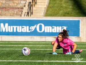 Alyssa Zalac looks at the ball after a successful goal save. Creighton women's soccer hosted Arkansas at Morrison Stadium for Socctoberfest on September 5th, 2025.