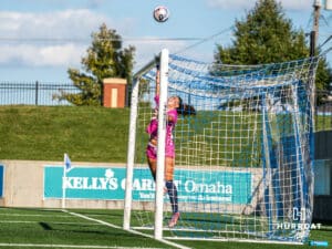 Alyssa Zalac reaches for a ball kicked over the goal post. Creighton women's soccer hosted Arkansas at Morrison Stadium for Socctoberfest on September 5th, 2025.