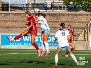 Tori Gillis heads the ball. Creighton women's soccer hosted Arkansas at Morrison Stadium for Socctoberfest on September 5th, 2025.