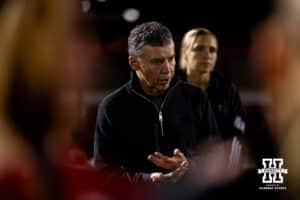 Nebraska Cornhuskers head coach John Walker talks with his team after their 2-0 win over Oregon State in a college soccer game on Thursday, September 4, 2025, in Lincoln, Nebraska. Photo by Braden Cochran.