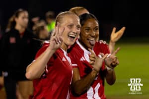 Cornhusker teammates Reagan Raabe (7) and Alyse Then (2) post for a picture after a college soccer game, Thursday, September 4th, 2025, Lincoln, Nebraska. Photo by Braden Cochran.