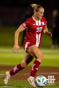 Nebraska Forward Charlie Winstrom (98) dribbles the ball upfield during a college soccer game, Thursday, September 4th, 2025, Lincoln, Nebraska. Photo by Braden Cochran.