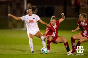 Nebraska Cornhusker Reese Borer (8) battles for the ball against Oregon State Beaver London Tsuma (29) during a college soccer game, Thursday, September 4, 2025, in Lincoln, Nebraska. Photo by Braden Cochran.