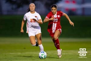 Cornhusker Forward Kayma Carpenter (29) dribbles past Oregon State's London Tsuma (29) during a college soccer game, Thursday, September 4th, 2025, Lincoln, Nebraska. Photo by Braden Cochran.