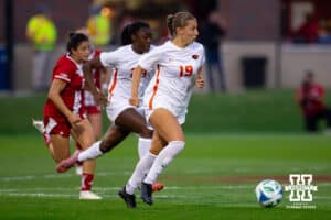Oregon State Adele Schwab (19) moves past midfield with the ball during a college soccer game, Thursday, September 4th, 2025, Lincoln, Nebraska. Photo by Braden Cochran.