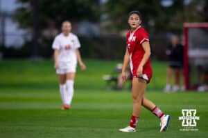 Nebraska Midfielder Sadie Sant (6) watches for the ball during a college soccer game, Thursday, September 4th, 2025, Lincoln, Nebraska. Photo by Braden Cochran.