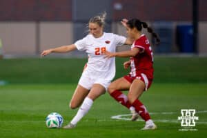 Oregon State Beaver Megan Turi (28) makes a oass upfield against Cornhusker Kayma Carpenter (29) during a college soccer game, Thursday, September 4th, 2025, Lincoln, Nebraska. Photo by Braden Cochran.