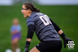 Nebraska Goalkeeper CeCe Villa (00) calls for the defense to move back during a college soccer game, Thursday, September 4th, 2025, Lincoln, Nebraska. Photo by Braden Cochran.