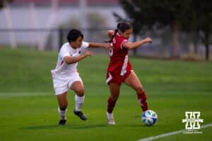 Nebraska Forward Kayma Carpenter (29) moves up the field and down the sideline against an Oregon State defender during a college soccer game, Thursday, September 4th, 2025, Lincoln, Nebraska. Photo by Braden Cochran.