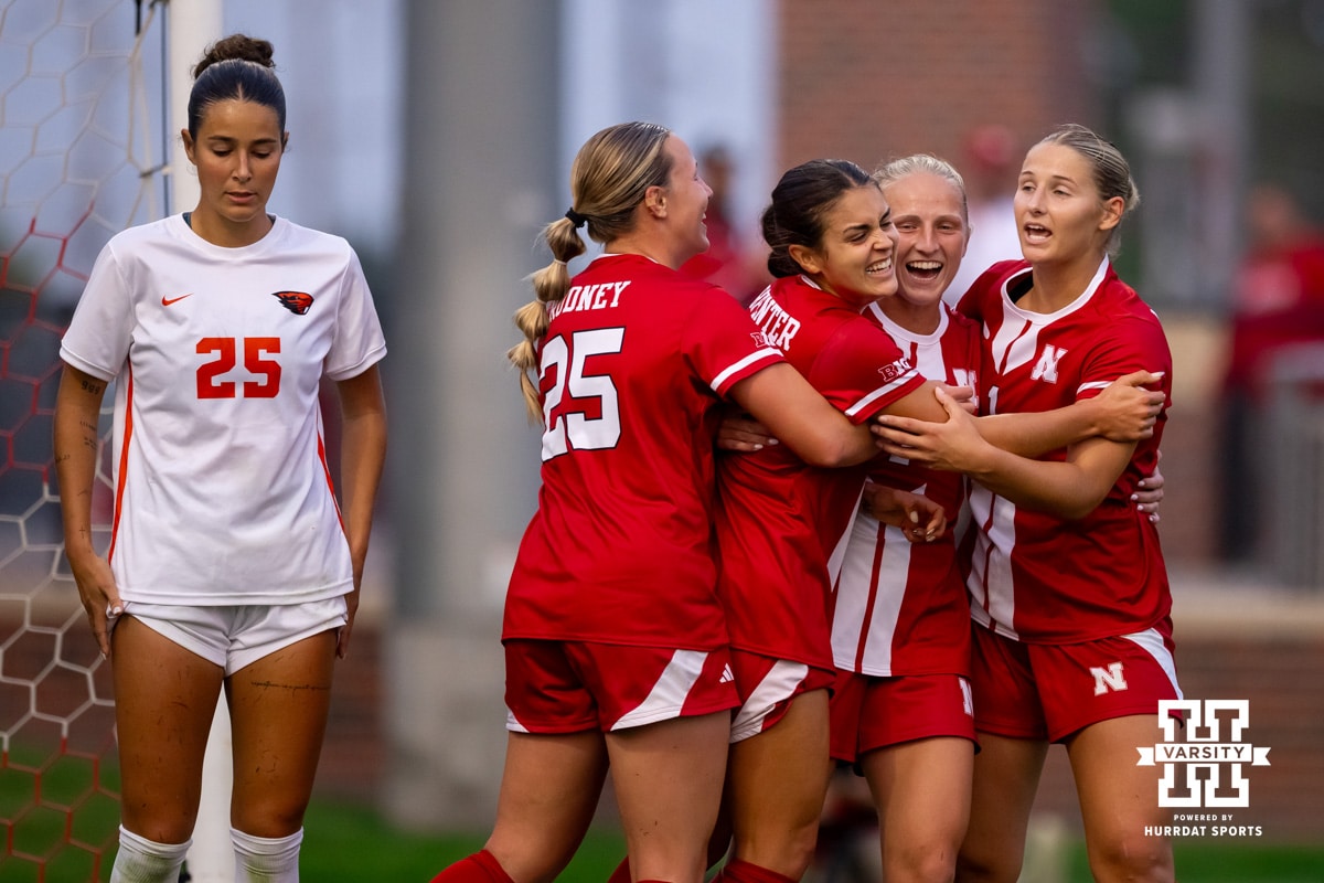 Nebraska Teammates celebrate with Kayma Carpenter (29) after the first goal of the game during a college soccer game, Thursday, September 4th, 2025, Lincoln, Nebraska. Photo by Braden Cochran.