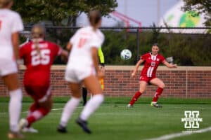 Nebraska Defender Lauryn Anglim makes a corner kick towards the goal during a college soccer game, Thursday, September 4th, 2025, Lincoln, Nebraska. Photo by Braden Cochran.