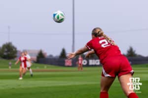 Nebraska Cornhusker Ella Rudney (25) passes the ball into a teammate during a college soccer game, Thursday, September 4th, 2025, Lincoln, Nebraska. Photo by Braden Cochran.