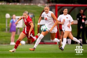 Nebraska Forward Ava Makocivka (1) tries to make a move around Oregon State's Abby Leonard (34) during a college soccer game, Thursday, September 4th, 2025, Lincoln, Nebraska. Photo by Braden Cochran.