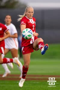 Cornhusker Midfielder Reese Raabe (7) makes a move to gain control of the ball during a college soccer game, Thursday, September 4th, 2025, Lincoln, Nebraska. Photo by Braden Cochran.