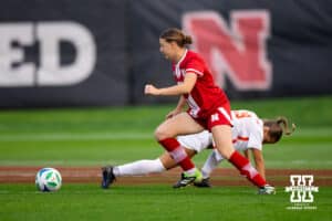 Cornhusker Defender Lauryn Anglim (21) makes a move past a fallen defender during a college soccer game, Thursday, September 4th, 2025, Lincoln, Nebraska. Photo by Braden Cochran.