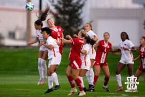 Nebraska Cornhusker Reese Borer (8) jumps for a contested header with Oregon State's Paola Figueroa (7) during a college soccer game, Thursday, September 4th, 2025, Lincoln, Nebraska. Photo by Braden Cochran.