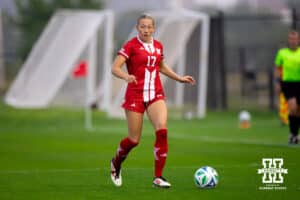 Nebraska Defender Jo Sees (17) looks downfield for a target to pass to during a college soccer game, Thursday, September 4th, 2025, Lincoln, Nebraska. Photo by Braden Cochran.