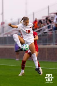 Oregon State Forward; Adele Schwab (19) jumps to recieve a pass from the goalie during a college soccer game, Thursday, September 4th, 2025, Lincoln, Nebraska. Photo by Braden Cochran.