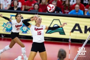 Nebraska Cornhusker Andi Jackson (15) spikes the ball against the California Golden Bears in the third set during a college volleyball match on Sunday, September 7, 2025 in Lincoln, NE. Photo by John S. Peterson.