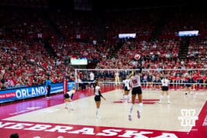 Nebraska Cornhusker Andi Jackson (15) serves the ball against the California Golden Bears in the third set during a college volleyball match on Sunday, September 7, 2025 in Lincoln, NE. Photo by John S. Peterson.