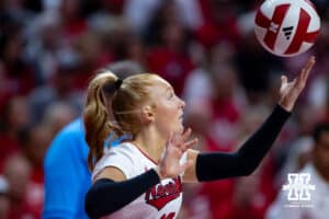 Nebraska Cornhusker Olivia Mauch (10) serves the ball in the third set against the California Golden Bears during a college volleyball match on Sunday, September 7, 2025 in Lincoln, NE. Photo by John S. Peterson.