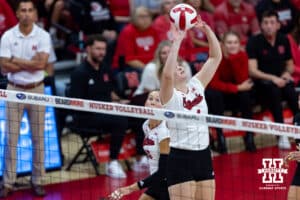 Nebraska Cornhusker Campbell Flynn (4) sets the ball for Nebraska Cornhusker Andi Jackson (15) in the the second setct during a college volleyball match on Sunday, September 7, 2025 in Lincoln, NE. Photo by John S. Peterson.