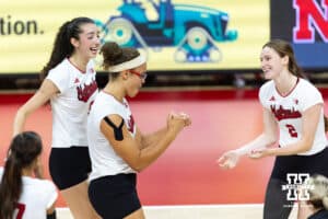 Nebraska Cornhusker Rebekah Allick (5) celebrates a block with Bergen Reilly (2) in the second set during a college volleyball match on Sunday, September 7, 2025 in Lincoln, NE. Photo by John S. Peterson.