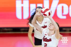 Nebraska Cornhusker Bergen Reilly (2) sets the ball against the California Golden Bears in the second set during a college volleyball match on Sunday, September 7, 2025 in Lincoln, NE. Photo by John S. Peterson.