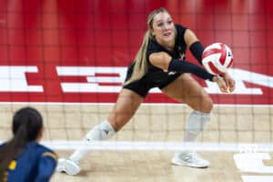 Nebraska Cornhusker Laney Choboy (6) passes the ball against the California Golden Bears in the second set during a college volleyball match on Sunday, September 7, 2025 in Lincoln, NE. Photo by John S. Peterson.