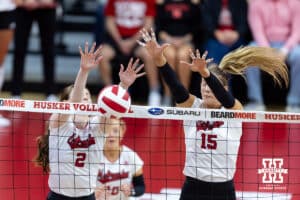 Nebraska Cornhuskers Bergen Reilly (2) and Andi Jackson (15) block the ball against the California Golden Bears in the second set during a college volleyball match on Sunday, September 7, 2025 in Lincoln, NE. Photo by John S. Peterson.