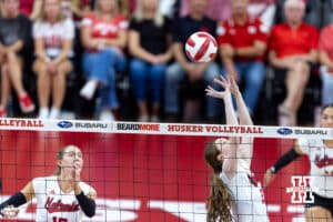 Nebraska Cornhusker Bergen Reilly (2) sets the ball for Andi Jackson in the second set against the California Golden Bears during a college volleyball match on Sunday, September 7, 2025 in Lincoln, NE. Photo by John S. Peterson.