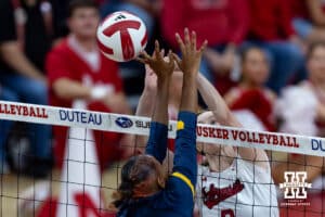 Nebraska Cornhusker Bergen Reilly (2) battles at the net against California Golden Bear Mikayla Hayden (7) in the first set during a college volleyball match on Sunday, September 7, 2025 in Lincoln, NE. Photo by John S. Peterson.