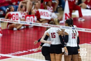 Nebraska Cornhuskers huddle up after a point against the California Golden Bears in the first set during a college volleyball match on Sunday, September 7, 2025 in Lincoln, NE. Photo by John S. Peterson.