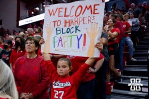 Nebraska Cornhusker fan holds a sign up before a college volleyball match against the California Golden Bears on Sunday, September 7, 2025, in Lincoln, NE. Photo by John S. Peterson.