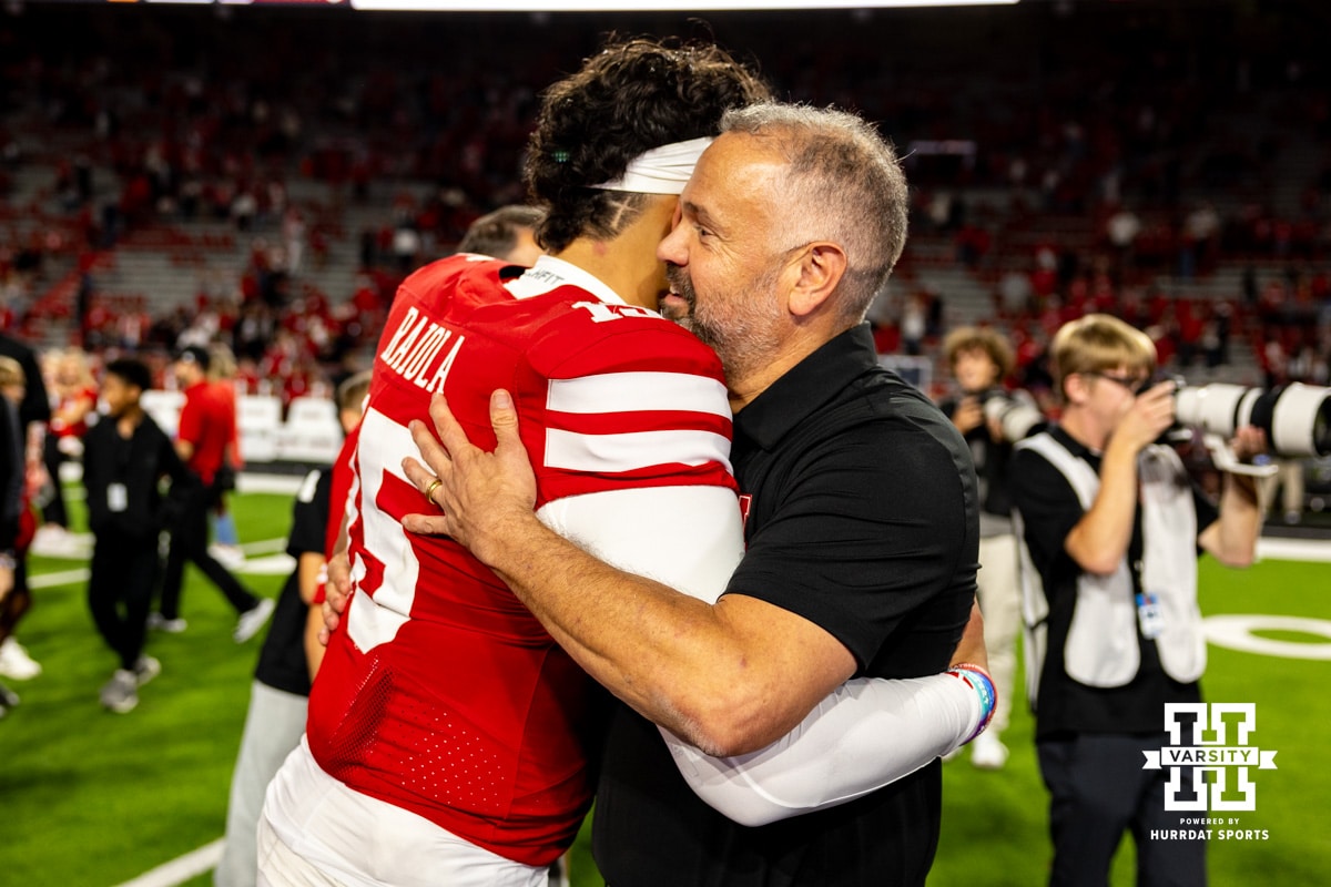 Matt Rhule gives the Husker quarter Dylan Raiola a hug after the game agains the Akron Zips during a college football game on Saturday, September 6, 2025 in Lincoln, NE. Photo by John S. Peterson.