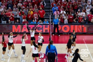 Nebraska Cornhuskers celebrates winning match point in the third set against the Wright State Raiders during a college volleyball match on Friday, September 5, 2025 in Lincoln, NE. Photo by John S. Peterson.