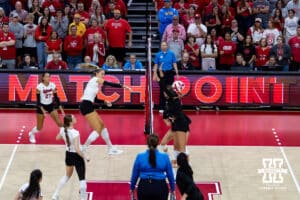Nebraska Cornhusker Andi Jackson (15) scores match point against Wright State in teh third set during a college volleyball match on Friday, September 5, 2025 in Lincoln, NE. Photo by John S. Peterson.