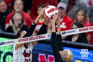 Nebraska Cornhusker Harper Murray (27) joust against Wright State Raider Reilly Zegunis (2) in the third set during a college volleyball match on Friday, September 5, 2025 in Lincoln, NE. Photo by John S. Peterson.
