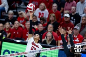 Nebraska Cornhusker Harper Murray (27) spikes the ball against the Wright State Raiders in the third set during a college volleyball match on Friday, September 5, 2025 in Lincoln, NE. Photo by John S. Peterson.
